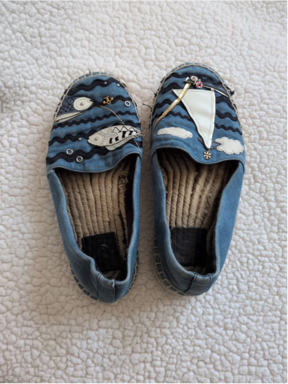 Tory Burch seaside nautical denim coastal fish resortwear espadrilles sandals